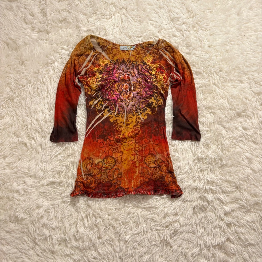 y2k orange cyber abstract floral print 3/4 sleeve baby doll top small
